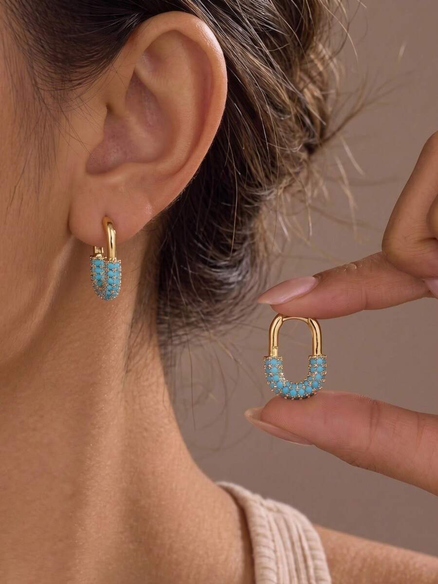 1 Pair Turquoise Rhinestone U-Shaped Earrings, Gold Plated Clip-On Earrings, Daily Jewelry Gift For Women - Multicolor - View 1