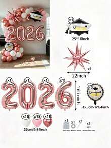 Set de 65 piezas de guirnalda de globos para graduación 2026, globos de foil con número "2026" en oro rosa, globos de foil con gorro de graduación "estrella explosiva", arco de globos de látex rosa y blanco, perfecto para fiesta de graduación, ceremonia de graduación y fondo de fotos al aire libre - Juego de globos de graduación 2026 - Ver 6
