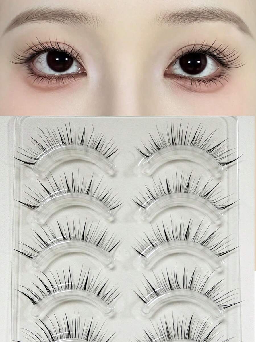 5 Pairs Clear Diagonal Winged False Eyelashes, Wet Tip Natural Realistic Uplifted One-Piece Cartoon Fox-Style Elongated Eye Tail Japanese-Style Clustered Lashes - View 1