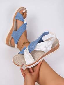 Mori Style Linen Fabric Blue & White Cross Knot Sandals For Women, Elastic Back Strap, Wood Grain Wedge Heel, Thick Sole, Comfortable Outdoor Shoes - Blue and White - View 4