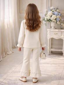 Young Girl Girls Elegant 2 Pieces Set, Cream Pearl Embellished Long Sleeve Top & Flared Pants, Birthday Party Spring Fall Outfit, For 4-8 Years - Apricot - View 2