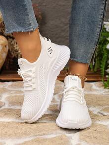 Spring/Summer New Women's White Mesh Athletic Shoes, Breathable Non-Stuffy Soft Sole Lightweight Sports Shoes, Versatile Lace-Up Casual Running Shoes For Daily Commute - White - View 3