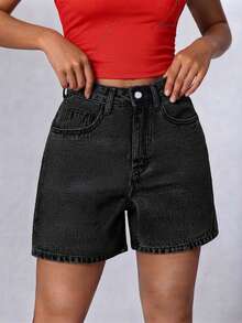 Teen Girls' Casual Black Button Pocket Denim Shorts - Black - View 3