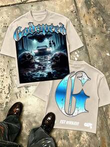 Double Sided Print UFO Alien Graphic Graphic Tee, Oversized Y2K Godbless Urban Streetwear Summer Top For Men, Father Day 4th Of July Gift - 杏色 - 查看 1