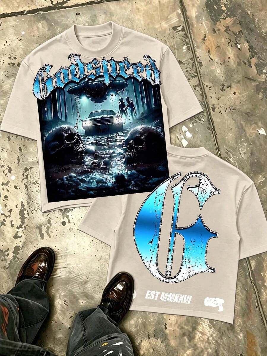 Double Sided Print UFO Alien Graphic Graphic Tee, Oversized Y2K Godbless Urban Streetwear Summer Top For Men, Father Day 4th Of July Gift - 杏色 - 查看 1
