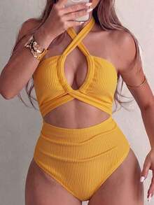 2026 New Fashion Halter Neck Hollow Out Vacation Women's One-Piece Swimsuit Beach Summer - Turmeric - View 4
