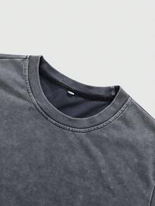 Men's Washed Faux Double Layer Long Sleeve T-Shirt, Contrast Dual Color Crew Neck Loose Fit Vintage Street Style Basic Tee - Grey - View 3