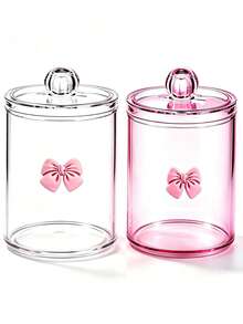 2pcs Pink Bow Print Transparent Plastic Storage Jars With Knob Handle Screw Lid Design, PET Material Transparent Moisture-Proof Dust-Proof Storage Box, Cute Sweet Style Storage Canister, Suitable For Bathroom Cosmetics And Desktop Clutter Storage - View 12