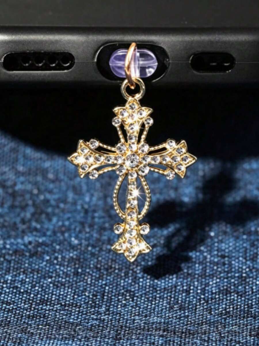 1pc Fashion Cross Alloy Rhinestone Gothic Style Cross Phone Dust Plug - Multicolor - View 1