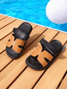 1 Pair Kids' Cool Contrast Color H-Shape Geometric Splicing Soft PU Material Non-Slip Wear-Resistant Open Toe Hook And Loop Flat Casual Slippers, Suitable For Summer Shopping/Family Outing - Black - View 9