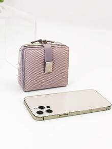 Women's Short Straw Woven Bag, Soft PU Snap Closure Wallet, Multi-Function Coin Purse, ID Card Holder, Minimalist Lightweight Compact Exquisite Portable, Suitable For Holiday Gift - Mauve Purple - View 6