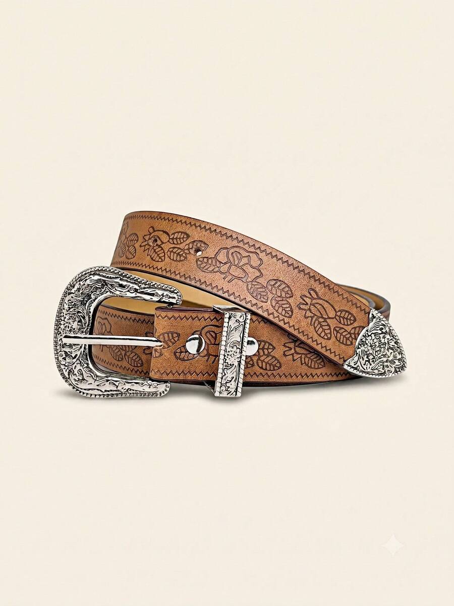 Teenager New Fashion Retro Embossed Belt, High-Quality PU Material, Suitable For Jeans, Dresses, All Seasons - Brown - View 1