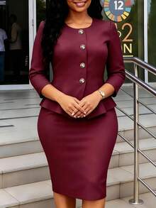 Elegant & Professional Burgundy Business 2 Pieces Set For Women, Round Neck Ruffle Top With Bodycon Skirt, Autumn Office Style Red - Red - View 2