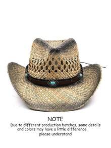 1pc Unisex Leather Belt Metal Decor Gradient Print Western Cowboy Straw Hat, All-Season Fashion Versatile Sun Protection Outdoor Beach Hat, Style - Gem - View 21