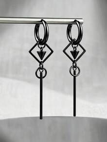 suteyi Stainless Steel Punk Pendant Earrings, Gothic Style Spiked Cone & Star Long Drop Hoop Earrings, Alternative Rock Hip Hop Silver Color Women's Earrings - Black - View 3