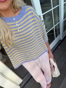 Buzzelle Vivid Style Autumn Basic Blue & Yellow Striped Button-Up Cardigan, Preppy Short-Length 5-Sleeve Knit Top - Baby Blue - View 2