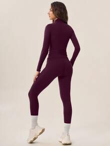 TimeOff Setelan Legging Ketat Lengan Panjang Kerah Tegak Slim Fit Warna Polos untuk Wanita Musim Gugur/Dingin - Burgundy - View 7