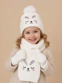 3pcs Cute Rabbit Embroidered Knitted Hat, Scarf, Gloves Set, Warm For Autumn/Winter, Suitable For Daily Outdoor Wear - Cute Rabbit - View 4