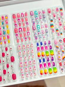 (192pcs, 8 Boxes) Children's Acrylic Full Coverage Glitter Cute Spring/Summer Pineapple, Unicorn, Penguin, Flamingo, Rainbow, Heart Short Press-On Nail Set - Multicolor - View 5