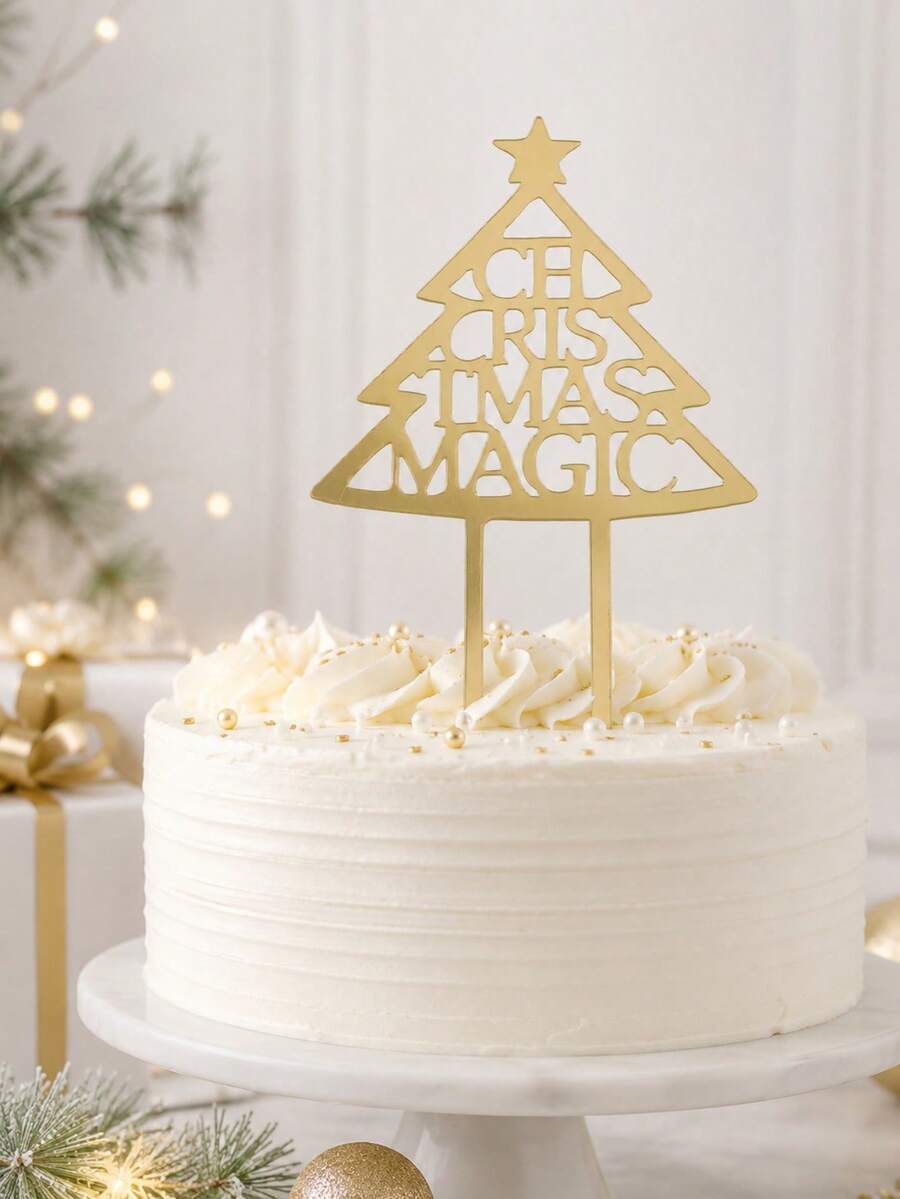 3pcs Gold Mirror Acrylic Christmas Cake Decorations, Holiday Party Cake Decor, Christmas Dessert Table Accessories, Christmas Celebration Seasonal Event Decor - G - View 1
