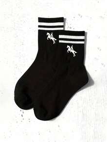 1/5/10 Pairs Unisex Striped Mid-Calf Socks, Soft & Comfortable Horse Pattern Casual Sports Socks, Suitable For Daily Wear Or Outdoor Activities, All Seasons Christmas Gift - Black and White - View 3