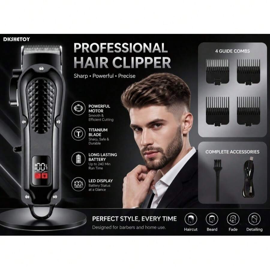 AXH Professional USB Rechargeable Hair Clipper And Beard Trimmer, Wireless Design, Ideal Gift For Men - Black - View 1