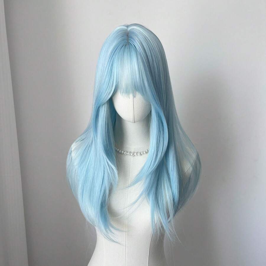 Mint Ice Blue Long Straight Wig For Women, Layered Full Cap Synthetic Wig, High-Level Fashion Cosplay Wig, Realistic Fiber Hair Full Head Wig - [Polaris] + Hairnet - View 1