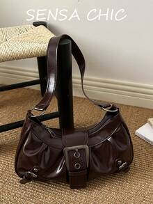 Vintage Dark Brown Solid Color Underarm Shoulder Bag With Metal Belt Buckle Flap Closure, Commuter Shopping Sweet Cool Style Versatile INS Hot-Selling Shoulder Bag - Brown - View 5