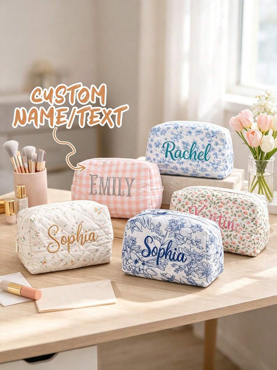 Customized Personalized Makeup Bag, Customized Floral Pattern Makeup Bag, Travel Makeup Organizer Bag, Women's Toiletry Bag, Bridesmaid Gift - Multicolor - View 1