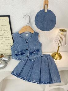 2pcs/Set Girls Elegant Bow Decor Vest With Hat, Pleated Skirt, Summer - Medium Wash - View 2