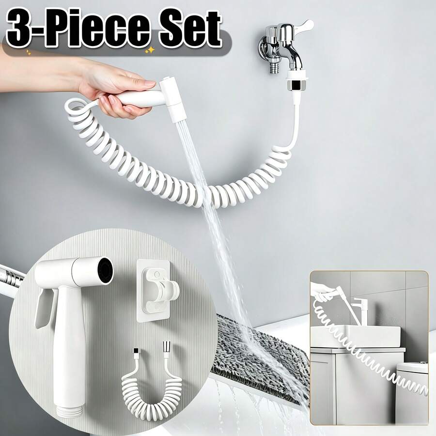 3 PiecesBidet Spray Set, Includes Handheld Sprayer, 2m Retractable Spring Hose And Drill-Free Wall Mount Bracket | Pressurized Water Flow, Adjustable Water Pressure, Suitable For Bidet Cleaning, Toilet Rinsing, Pet Washing, Mop Cleaning, Multi-Scenario Home Cleaning Kit, Compatible With Various Bathroom Spaces - White - View 1