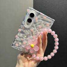 可愛水波紋粉色花卉透明手機殼，附珠串鏈條，適用於 ZFold 8 Wide，可折疊翻蓋手機保護殼，中性防摔保護殼 - 無色 - 查看 3