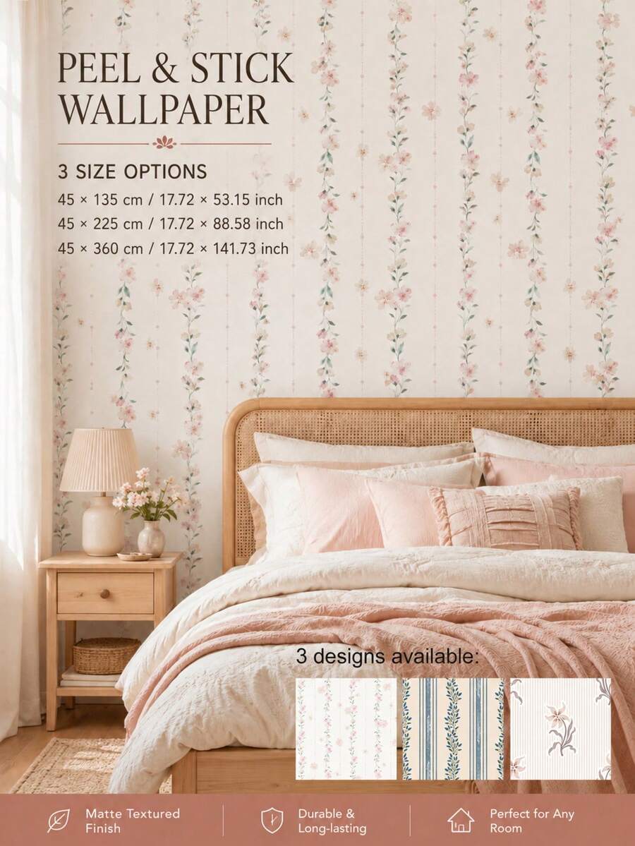 SUPSTICKER 1 捲米色花卉條紋 PVC 自黏防水可移除壁紙,17.72x53.15/88.58/141.73 英吋,適用於衣櫃、洗衣房、書桌 - 彩色 - 查看 1