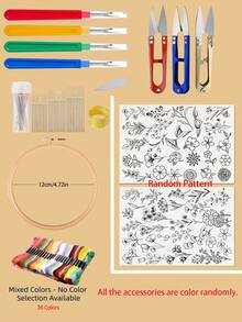 72pcs Adult Beginner Embroidery Starter Kit, Pre-Printed Wildflower & Leaf Water-Soluble Stabilizer Patterns, Includes Embroidery Hoop, Embroidery Floss, Embroidery Needles & Tools - Multicolor - View 8