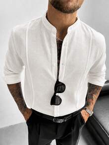 Men's Old Money Style Linen Blend White Textured Button-Up Loose Long Sleeve Shirt, Summer/Autumn Casual, Street, Work, Date, Office, Husband/Father - Beige - View 2
