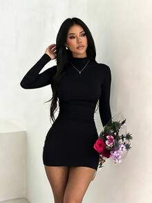 女款秋季黑色小立領修身迷你洋裝，適合返校派對與日常穿著 - 黑色 - 查看 6