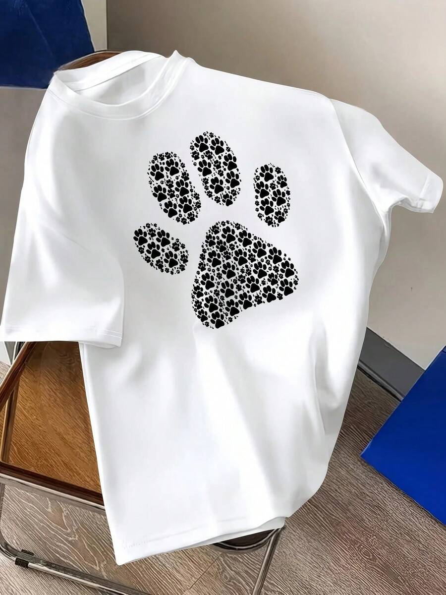 Vintage Unisex T-Shirt With Cute Dog Paw Print, Harajuku Style, Loose Fit. Perfect For Everyday Summer Wear. - White - View 1