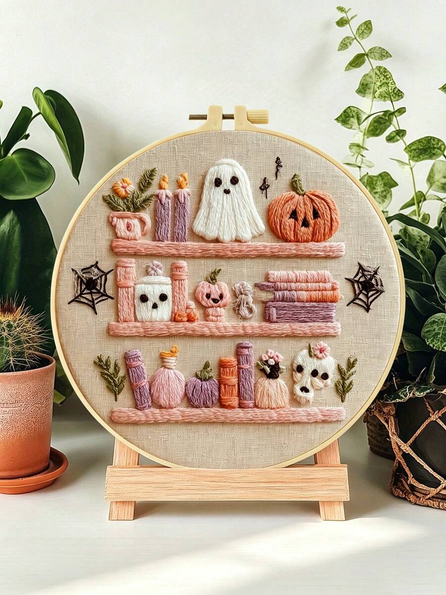 Halloween Decorations Embroidery Kit,DIY Handmade Embroidery Set, Suitable For Adult Beginners, Home Decor Gift, Women's Sewing Gift, Includes User Manual, Printed Pattern Fabric, Embroidery Hoop, Needles And Thread,20 X 20cm/7.9 X 7.9in