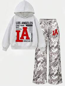2pcs/Set Setelan Sweatshirt Anak Laki-Laki Besar, Termasuk Sweatshirt dengan Desain Cetak "LA" dan Celana Panjang Lebar dengan Motif Ranting, Setelan Anak Laki-Laki Modis untuk Musim Gugur/Dingin - Light Grey - View 2