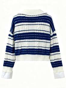 Striped Mink Fur Knit Cardigan Sweater Women Loose Slouchy Fuzzy Outerwear - Navy Blue - View 5