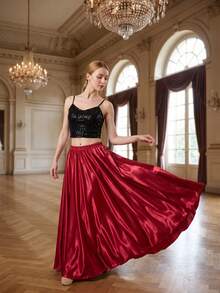 1pc Women's 95cm Satin Long Maxi Skirt, Elastic Waist, Suitable For Belly Dance, Princess Style Party, Cosplay, Daily Wear, Ballroom Performance, Flowy Long Skirt - Burgundy - View 3
