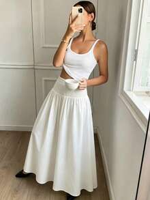 New Autumn Pure White Shirred High Waist A-Line Ankle Length Maxi Skirt, Loose Flowy Full Skirt, Suitable For Daily Street Wear And Comfortable Commuting - White - View 7