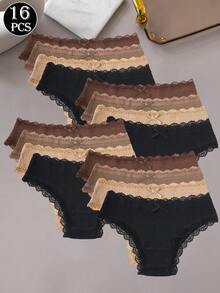 16pcs Women's Floral Contrast Lace Trim Cotton Panties, Everyday Underwear - Multicolor - View 3