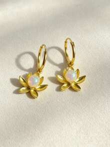 1 Pair Elegant Fashion Gold-Colored Lotus Simulated Opal Inlaid Pendant Earrings, Suitable For Women's Daily, Party, Travel Wear Jewelry Gift - Yellow Gold - View 4