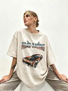 Women's Summer Casual T-Shirt, Y2K Letter & Car Print Round Neck Short Sleeve Crew Neck Tee For Holiday, Vacation, Spring Festival & Graphic Summer - 杏色1 - 查看 12