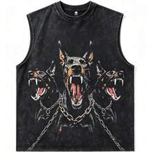2026 New Arrival Summer Unisex Cerberus Doberman Graphic T-Shirt,Sleeve Tee, Gothic Three-Headed Dog Print Oversized Top For Streetwear - 黑色背心 - 查看 12