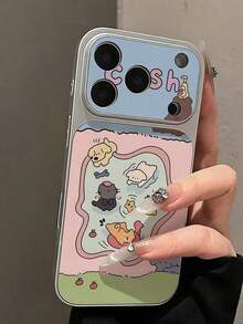 1pc Large Window Lychee Texture Color Block Summer Animal Park Style Fresh Color Minimalist Phone Case White To Lychee Texture Suitable For 13/14/15/16/17 PRO PROMAX PLUS Full Coverage Large Window Phone Case - Multicolor - View 3