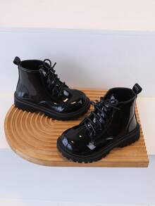 1 Pair Children's Shiny Leather Lace-Up Ankle Boots, Thick Sole, Fashionable Versatile Outdoor Wear, Anti-Slip, Autumn/Winter - Black - View 7