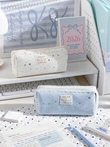 1pc Sweet Lace Fringe Pencil Case Decorated With Silver Stars, Large Capacity Girly Stationery Pouch, Smooth And Sturdy Zipper, Suitable For Daily Study Storage, Students, Office - Pencil Case - View 2
