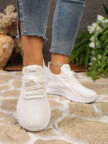 Spring/Summer New Women's White Mesh Athletic Shoes, Breathable Non-Stuffy Soft Sole Lightweight Sports Shoes, Versatile Lace-Up Casual Running Shoes For Daily Commute - White - View 4